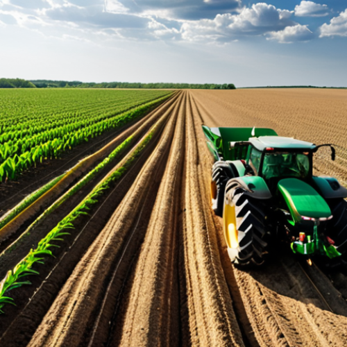 Home 11 Precision Planting in Iowa**
"A high-definition, eye-level shot of a modern tractor equipped with AI-powered precision planting technology in a vast Iowa cornfield during a sunny summer day. The planter is actively adjusting seed placement based on real-time soil data displayed on a screen inside the tractor cab. Focus on the detail of the soil and the emerging corn seedlings. Golden hour lighting, dramatic sky. Evokes a sense of technological advancement and agricultural abundance."
**