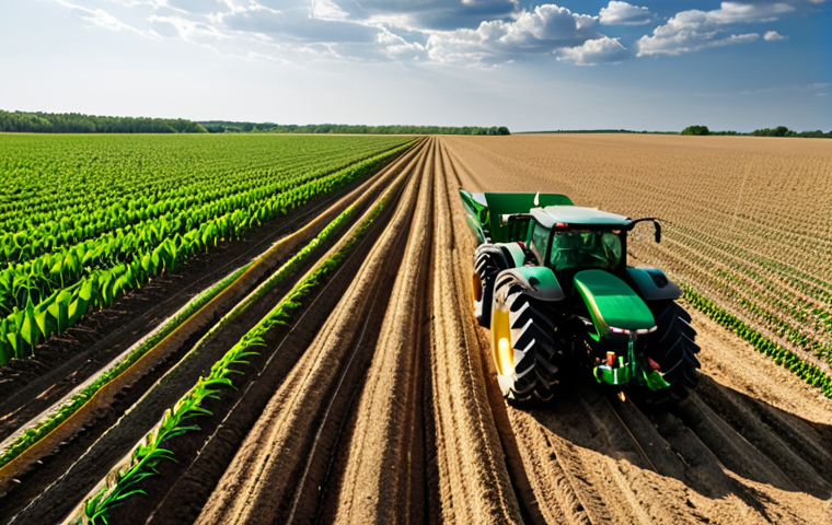 Precision Planting in Iowa**
"A high-definition, eye-level shot of a modern tractor equipped with AI-powered precision planting technology in a vast Iowa cornfield during a sunny summer day. The planter is actively adjusting seed placement based on real-time soil data displayed on a screen inside the tractor cab. Focus on the detail of the soil and the emerging corn seedlings. Golden hour lighting, dramatic sky. Evokes a sense of technological advancement and agricultural abundance."
**