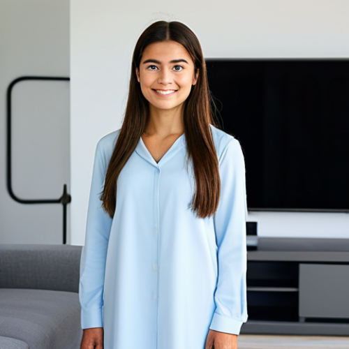 Home 6 A professional photograph of a young adult, fully clothed in modest, comfortable attire, standing relaxed in a modern smart home living room at dusk. The room is illuminated by soft, ambient smart lighting that adjusts subtly, creating a serene and comfortable atmosphere. Glimmers from discreet smart device indicators are visible on minimalist furniture. The scene emphasizes effortless living and technological integration. Perfect anatomy, correct proportions, natural pose, well-formed hands, proper finger count, natural body proportions, high resolution, safe for work, appropriate content, family-friendly.
