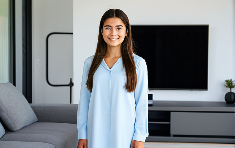 A professional photograph of a young adult, fully clothed in modest, comfortable attire, standing relaxed in a modern smart home living room at dusk. The room is illuminated by soft, ambient smart lighting that adjusts subtly, creating a serene and comfortable atmosphere. Glimmers from discreet smart device indicators are visible on minimalist furniture. The scene emphasizes effortless living and technological integration. Perfect anatomy, correct proportions, natural pose, well-formed hands, proper finger count, natural body proportions, high resolution, safe for work, appropriate content, family-friendly.