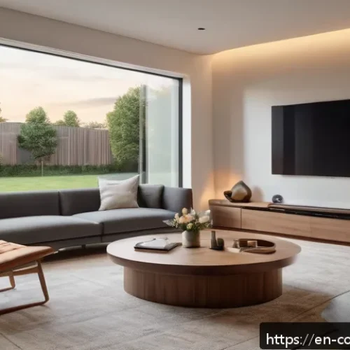 Home 25 AI 기반 스마트홈 자동화 - A modern smart living room at dusk, featuring warm, adjustable ambient lighting that automatically c...