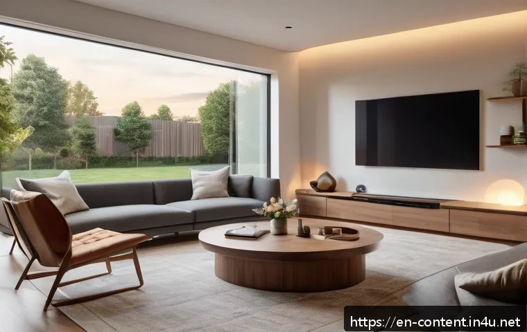 AI 기반 스마트홈 자동화 - A modern smart living room at dusk, featuring warm, adjustable ambient lighting that automatically c...