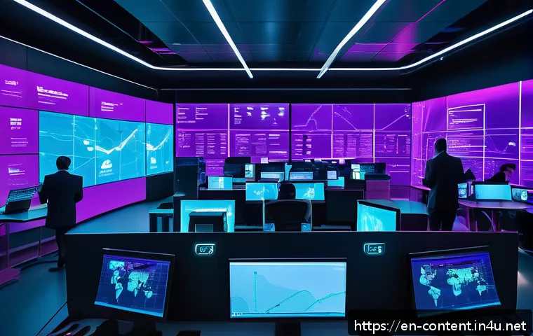 AI 기반 보안 솔루션 - A futuristic cybersecurity operations center with diverse security analysts monitoring multiple larg...